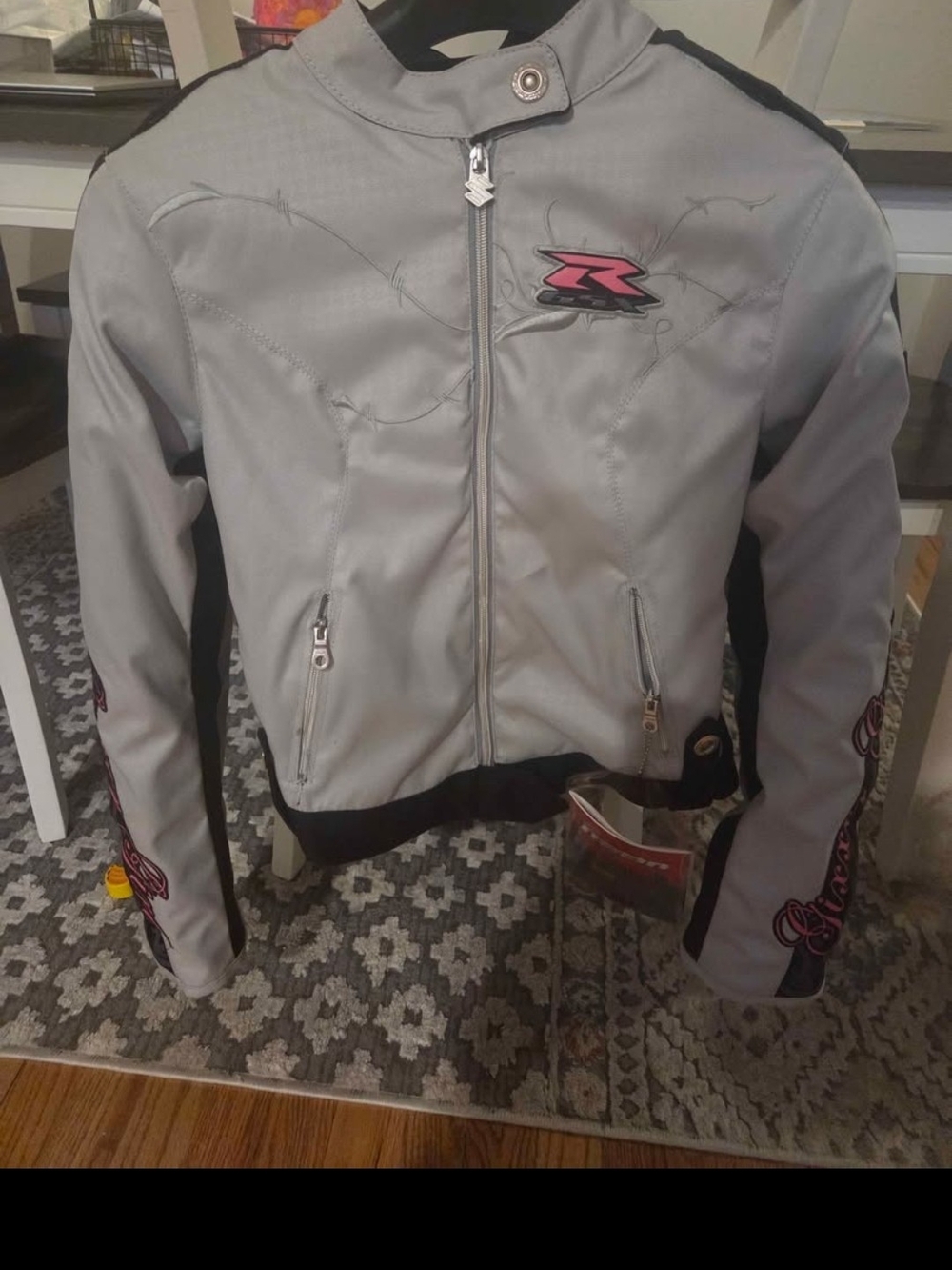 ICON Light Gray Motorcycle Jacket. Gixxer Girl.